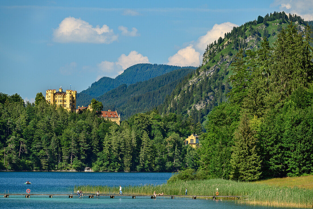 Lake Alpsee with castle Hohenschwangau, Lechweg, Ammergau Alps, Swabia, Bavaria, Germany