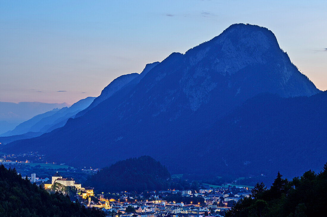 Kufstein at night with illuminated castle and Pendling in background, from valley of Kaiser, Wilder Kaiser, Kaiser Mountains, Tyrol, Austria