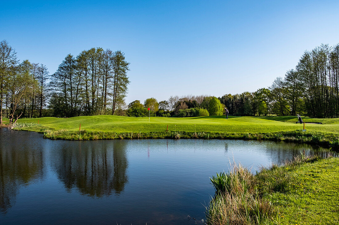 Männlicher Golfer auf dem Golfplatz Holm, nahe Hamburg, Norddeutschland, Deutschland