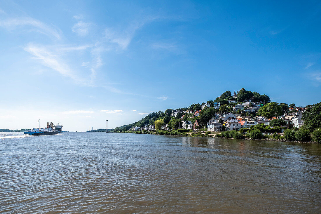 Ship and view to the Treppenviertel of Blankenese, Hamburg, north Germany, Germany