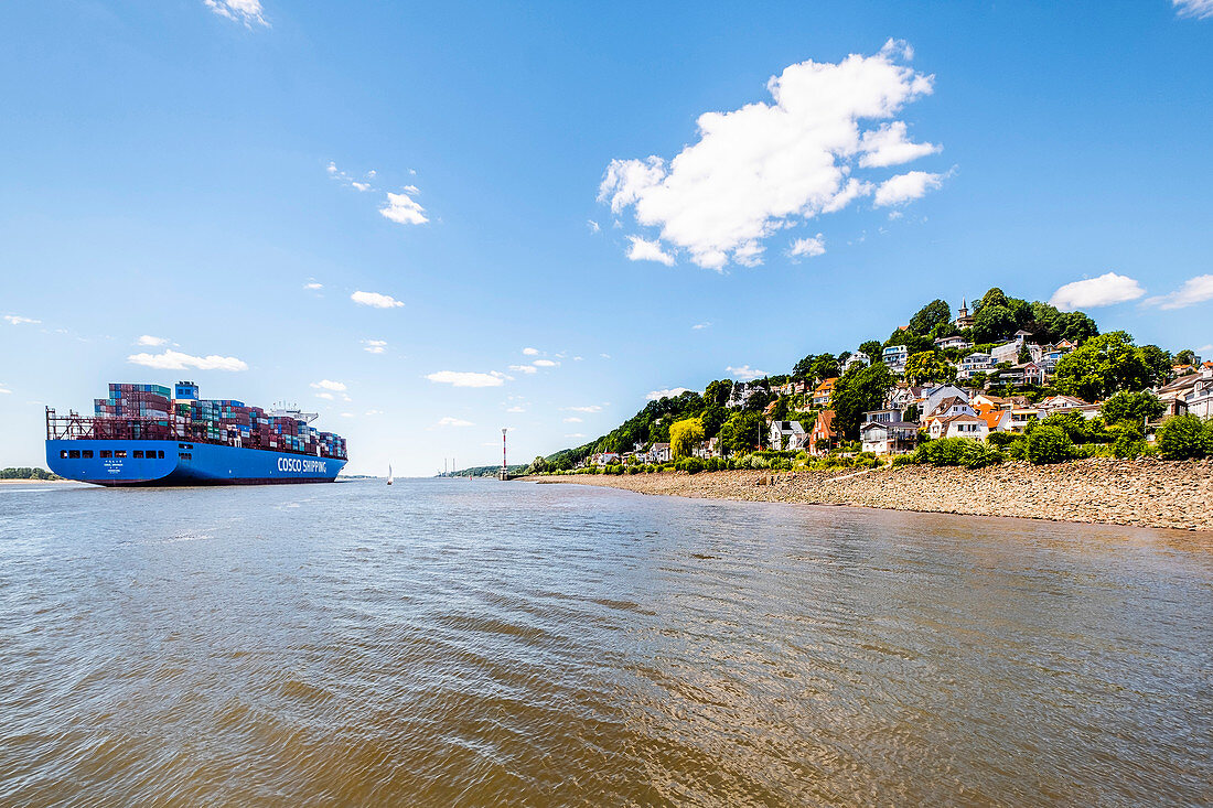 ship and view to the Treppenviertel of Blankenese, Hamburg, north Germany, Germany