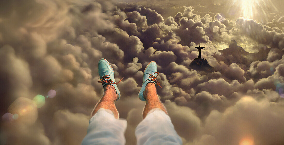Selfie with feet, aerial of Rio de Janeiro at sunset with Cristo statue, Corcovado Mountain and the Sugarloaf, Rio de Janeiro, Rio de Janeiro, Brazil, South America