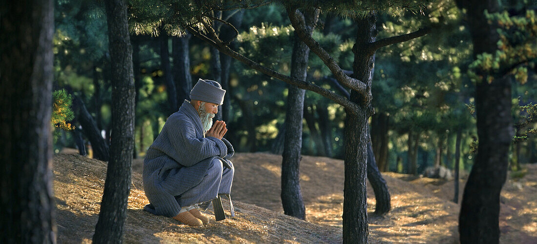 Buddhist monk praying in a forest near Haeundae, Busan, Haeundae, Busan, South Korea, Asia