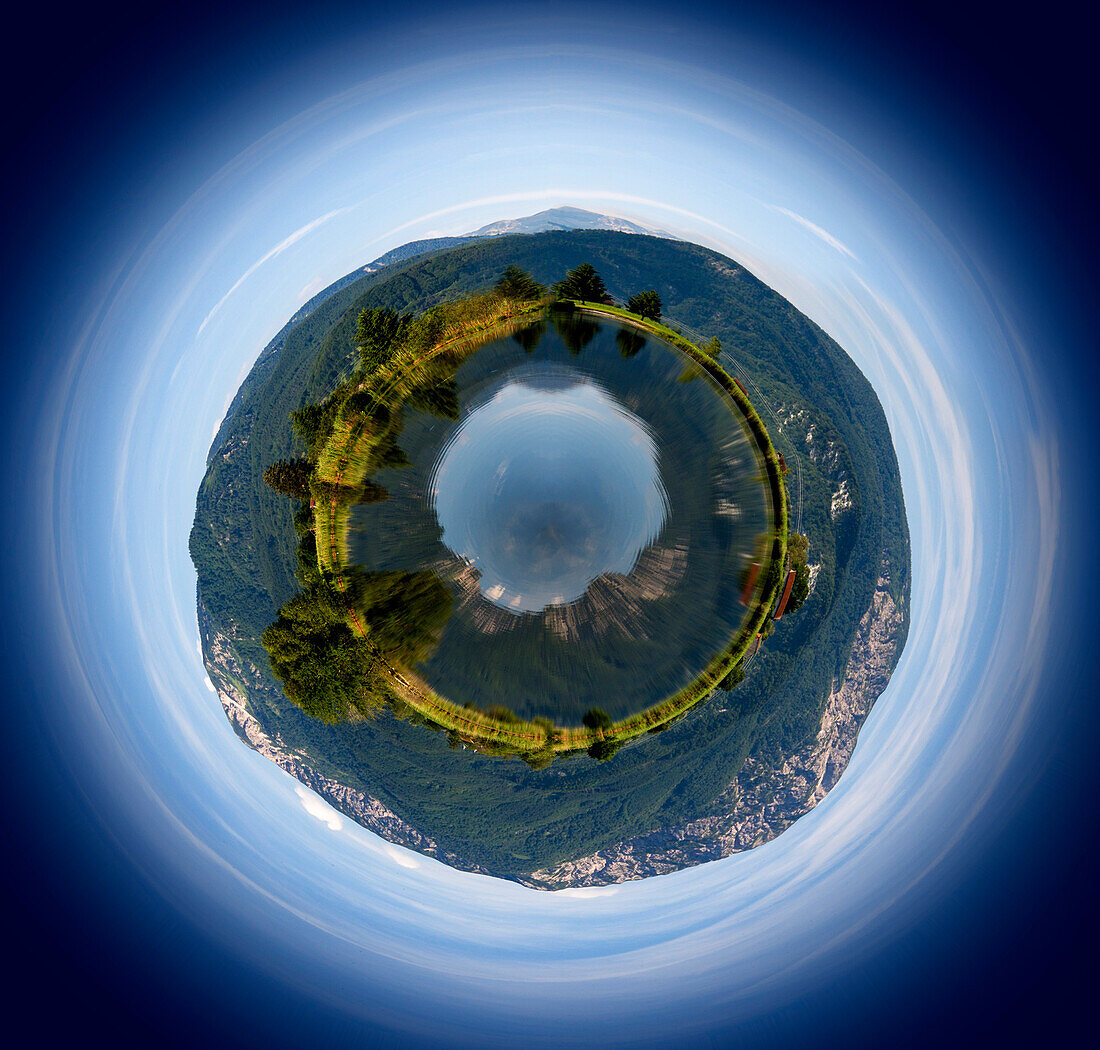 Lake Eichsee and mountains, little planet image, Upper Bavaria, Germany, Europe