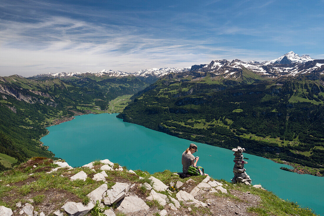 view from Augstmatthorn over lake Brienzer See to Brienz, Alps, Bernese Oberland, Switzerland, Europe