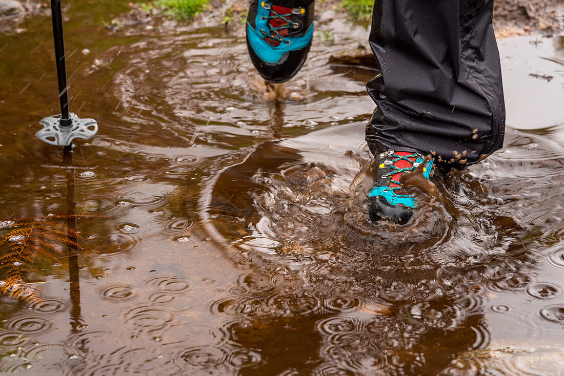 Hiking boots walking through a puddle, Inverpolly Nature Reserve, Highlands, Scotland, UK