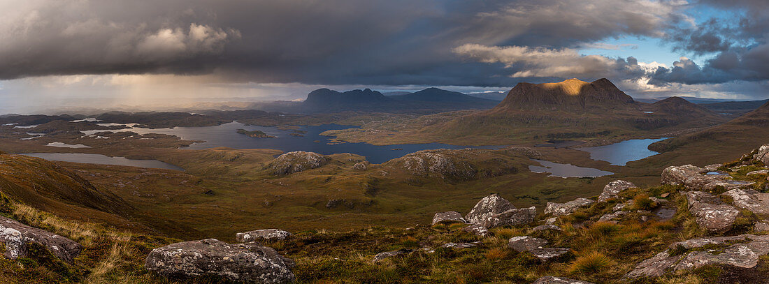 Panoramic view of Stac Pollaidh on Loch Sionasgaig, Inverpolly Nature Reserve, Highlands, Scotland, UK