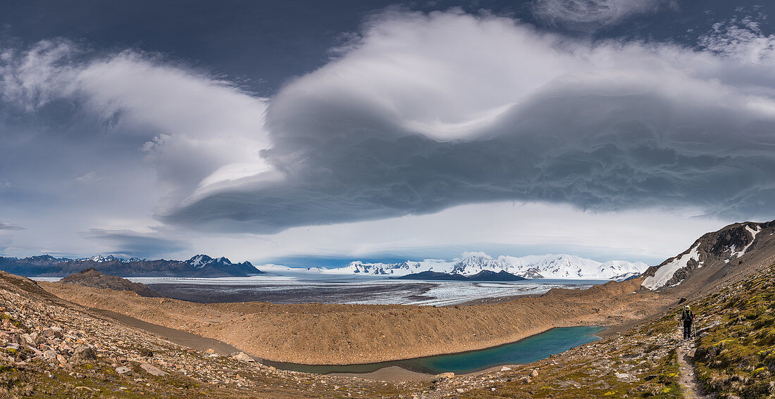 Panorama am Paso del Viento über Glaciar Viedma, im Hintergrund Cordon Mariano Moreno, Nationalpark Los Glaciares, Patagonien, Argentinien