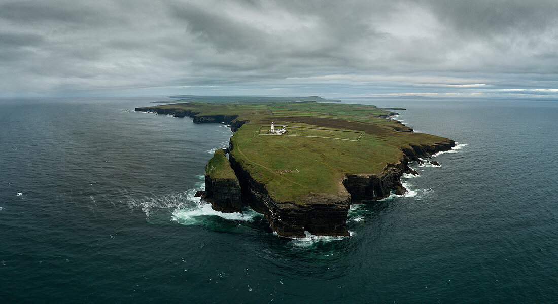 aerial view of Loop head Lighthouse, country Clare, Munster province, Shannon, Ireland, Europe 