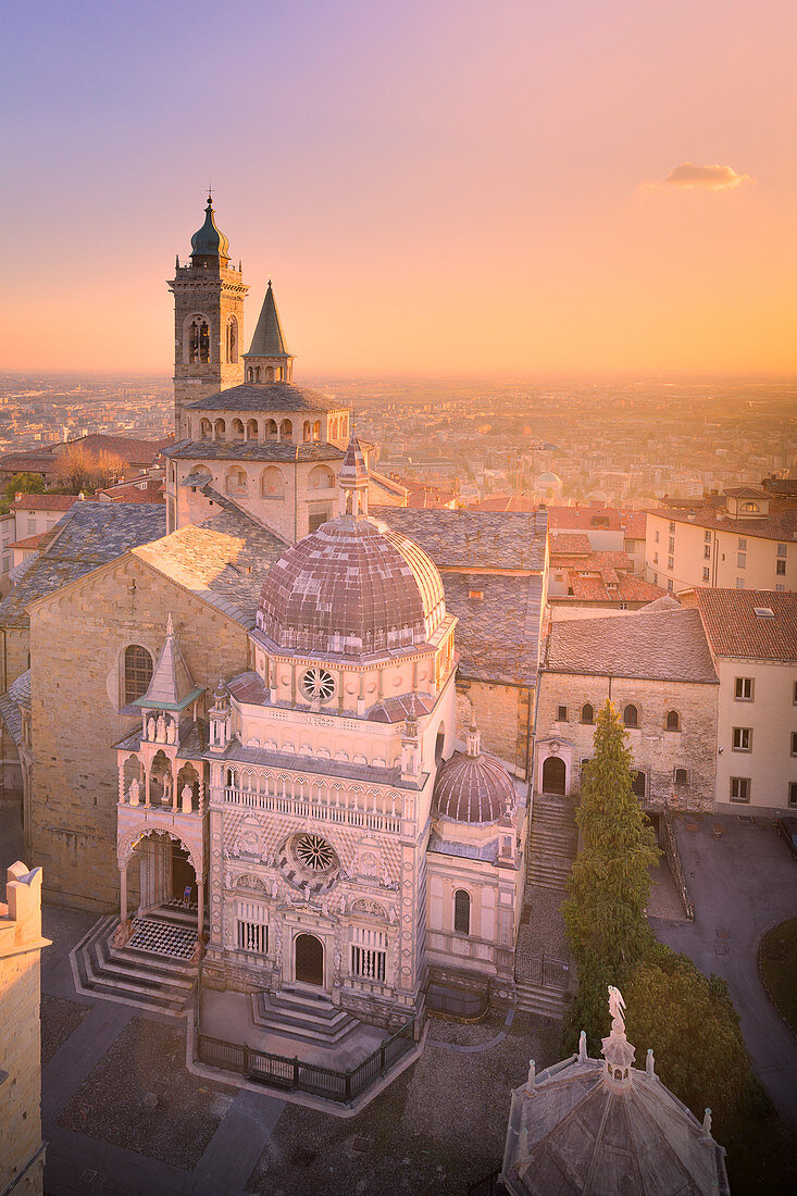 Basilica of Santa Maria Maggiore with Colleoni Chapel from above during sunset. Bergamo(Upper town), Lombardy, Italy.