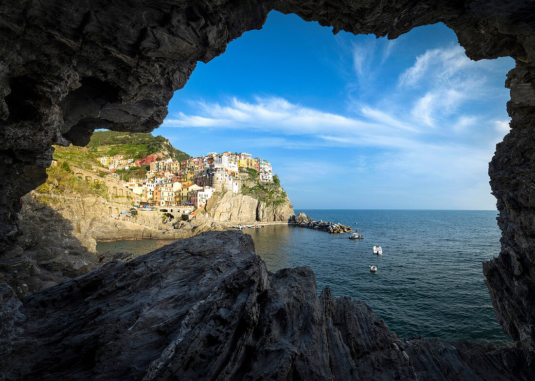 Manarola village, view from grotto, La Spezia district, Liguria, Italy