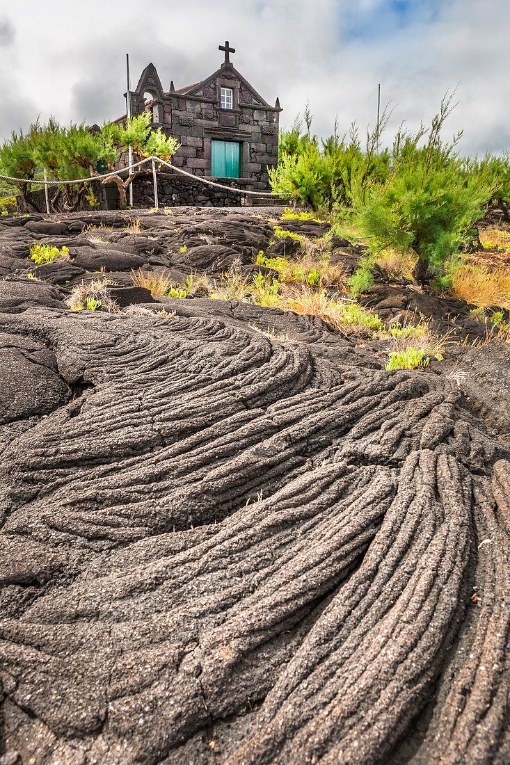 Portugal, Azores archipelago, Pico island, old church with lava flows in foregroung. 