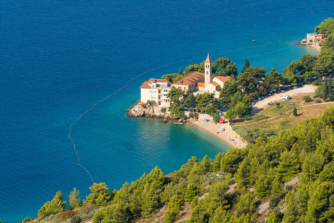 The Dominican Monastery on Glavica peninsula and its beach. Bol, Brac island, Split - Dalmatia county, Croatia.