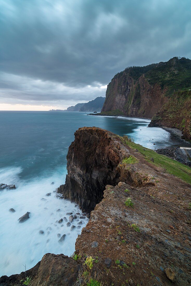 Faial beach and its cliffs. Faial, Santana municipality, Madeira region, Portugal.