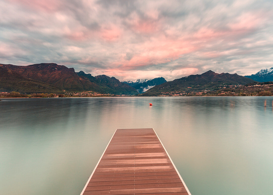 Oggiono wood pier at sunrise, Oggiono, Lecco province, Lombardy, italy