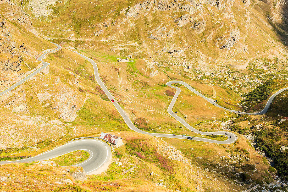 Winding road in the Orco valley, Nivolet pass, Graian Alps, Gran Paradiso National Park, Piedmont region, Italy