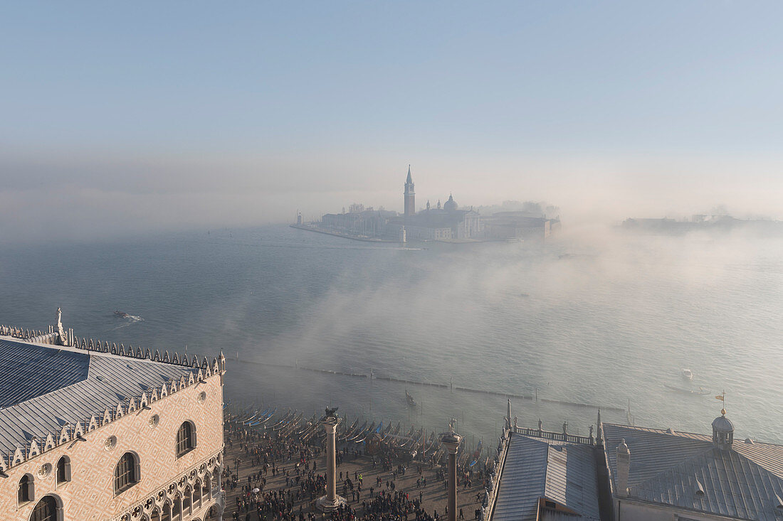 Venice in the fog, view from St Mark's Bell Tower, Veneto, Italy, Europe