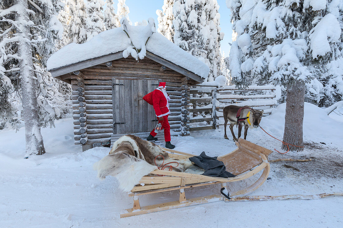 Santa Claus and sleigh, Ruka (Kuusamo), Northern Ostrobothnia region, Lapland, Finland