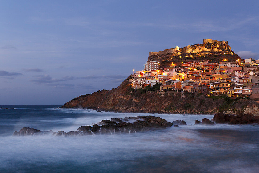 Fortress of Castelsardo at dusk, Sassari province, Sardinia, Italy, Europe.