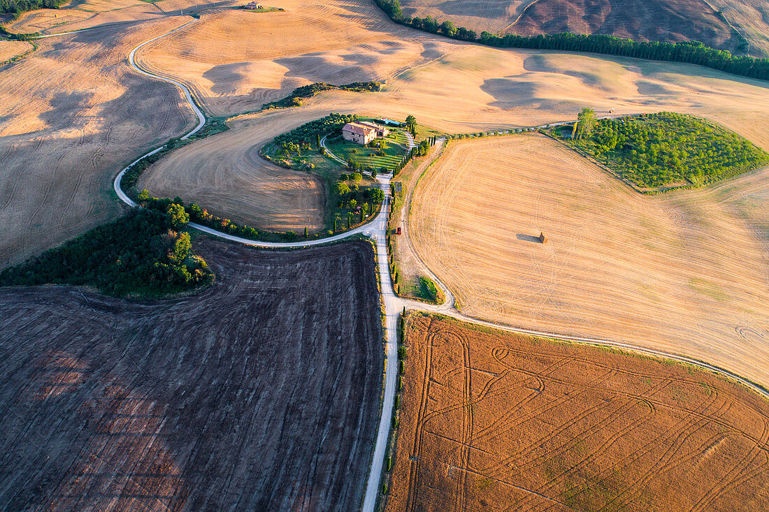 Luftaufnahme der Pienza Landschaft, Val d'Orcia, Toskana, Italien