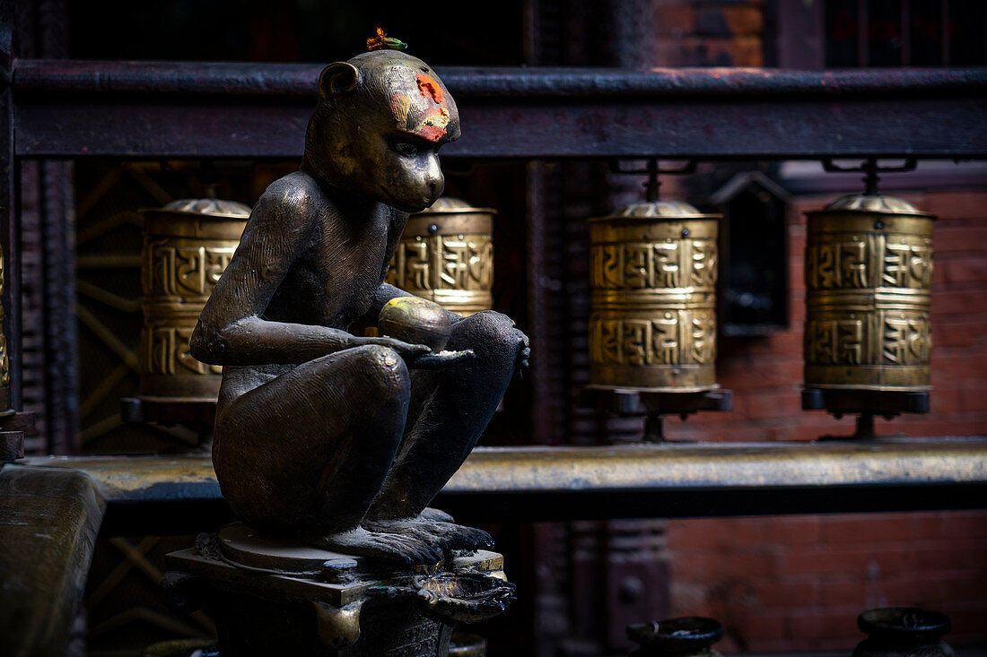 Monkey statue inside the Hiranya Varna Mahavihar informally called The Golden Temple Buddhist monastery, Patan, Nepal, Asia, Himalayan Country, Himalayas.