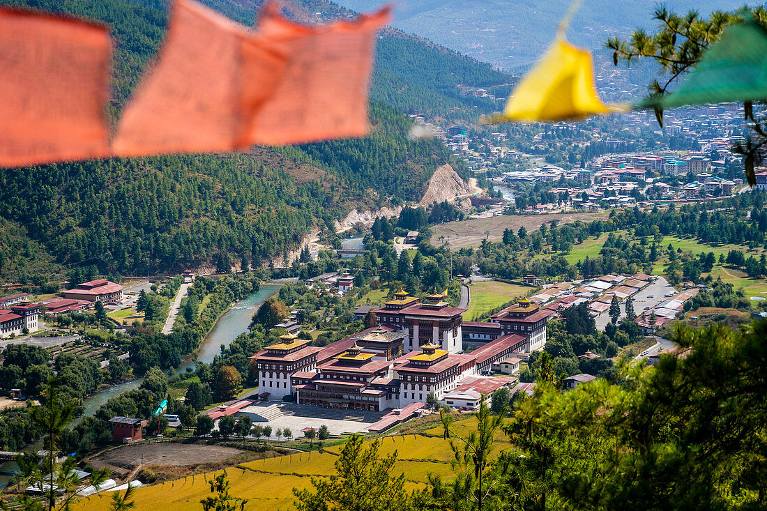 Elevated View of Tashichho Dzong a Buddhist monastery and fortress on the northern edge of the city of Thimphu, Bhutan, Himalayan Country, Himalayas, Asia, Asian.