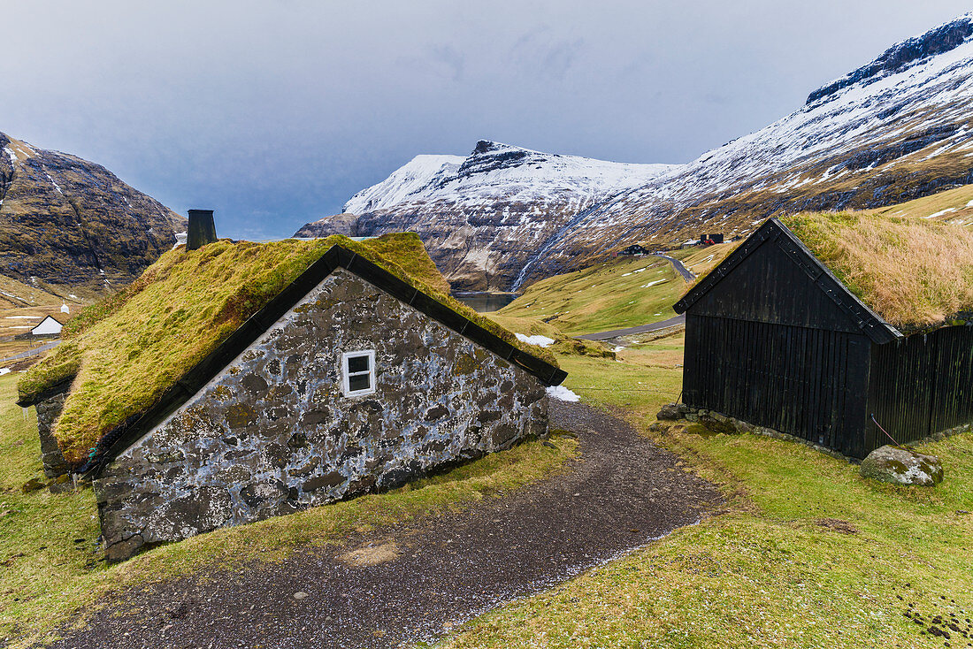 Iconic houses with grass roof, Saksun, Streymoy island, Faroe Islands, Denmark