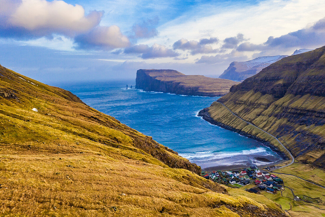 Aerial panoramic of the coastal village of Tjornuvik, Streymoy island, Faroe Islands, Denmark