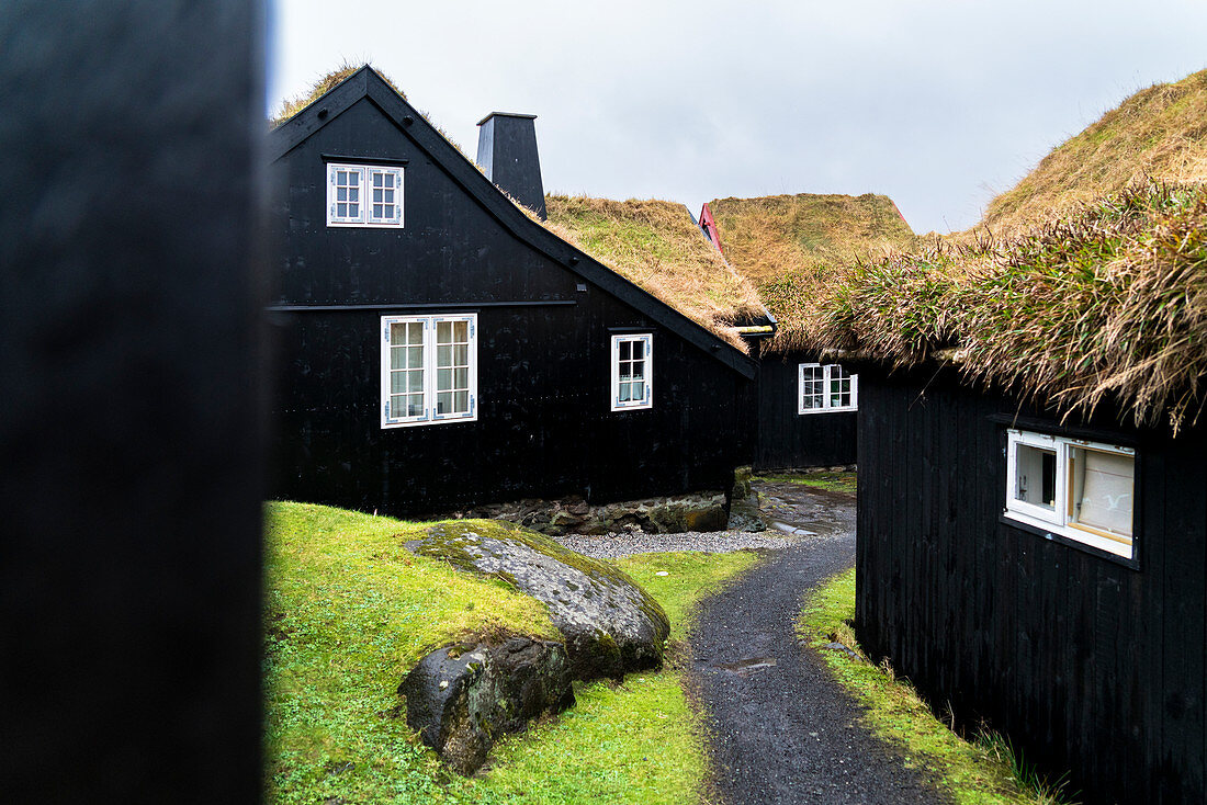 Iconic wood houses with turf roof, Torshavn, Streymoy island, Faroe Islands, Denmark