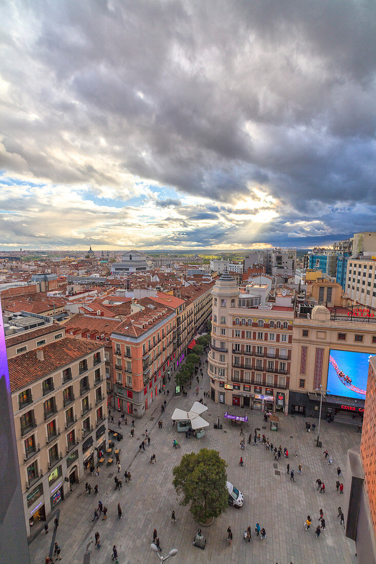 Elevated view of Plaza del Callao (Callao Square) at sunset, Madrid, Spain