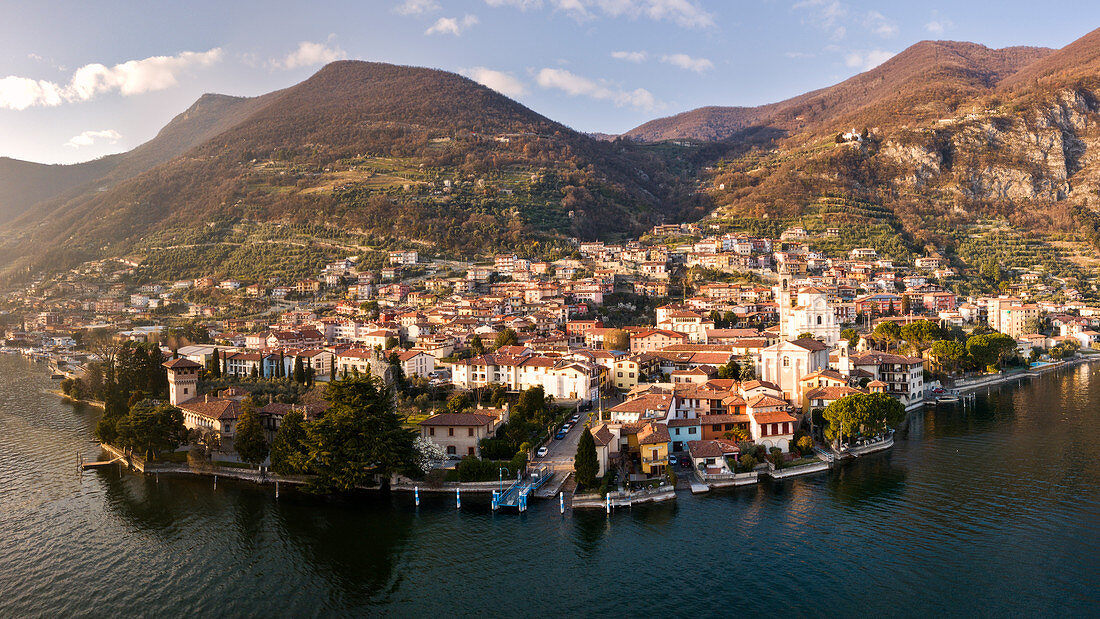 Panoramic view at sunset over Predore, Iseo lake in Bergamo province, Lombardy district, Italy, Europe