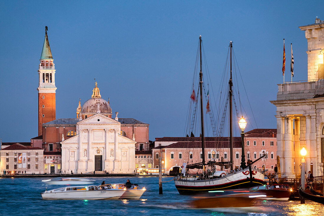 Punta della Dogana with San Giorgio Maggiore island in the background, Venice, Veneto, Italy, Europe
