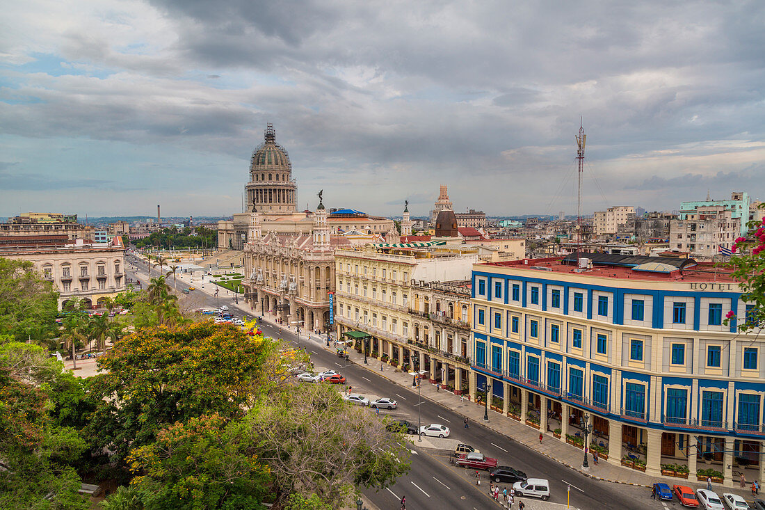 Rooftop view of the Capitol (Capitolio Nacional) and Hotel Inglaterra on Parque Central in Old Havana, Havana, Havana Province, Cuba