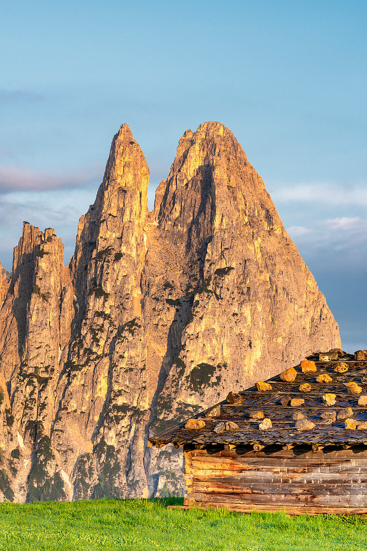 Sonnenaufgang auf der Seiser Alm mit den Gipfeln von Santner und Euringer, Seiser Alm, Dolomiten, Südtirol, Italien