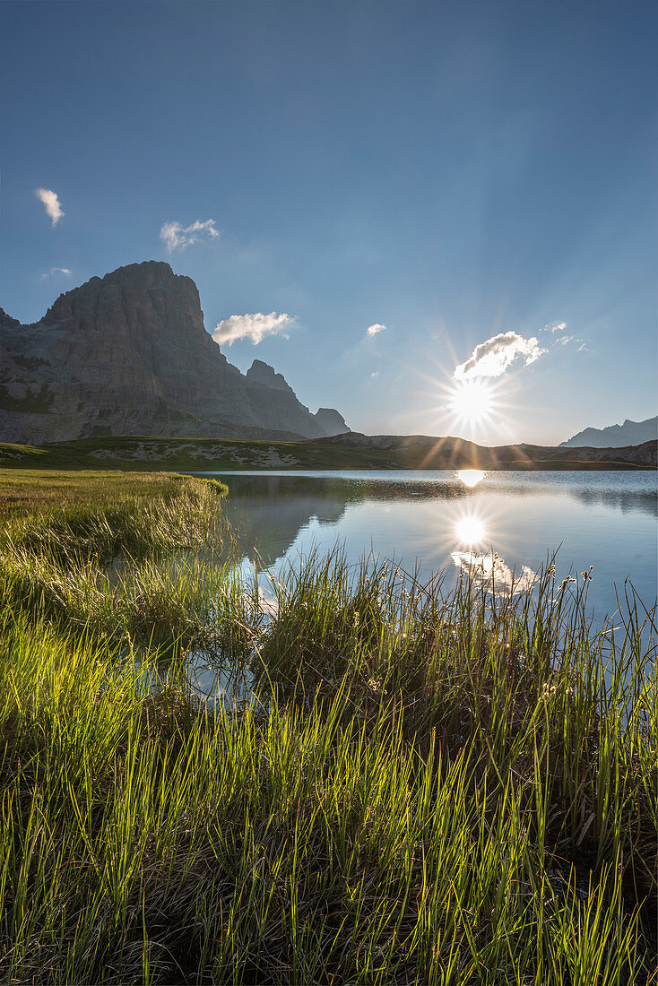 Sesto / Sexten, province of Bolzano, Dolomites, South Tyrol, Italy. Sunrise at the lake Piani