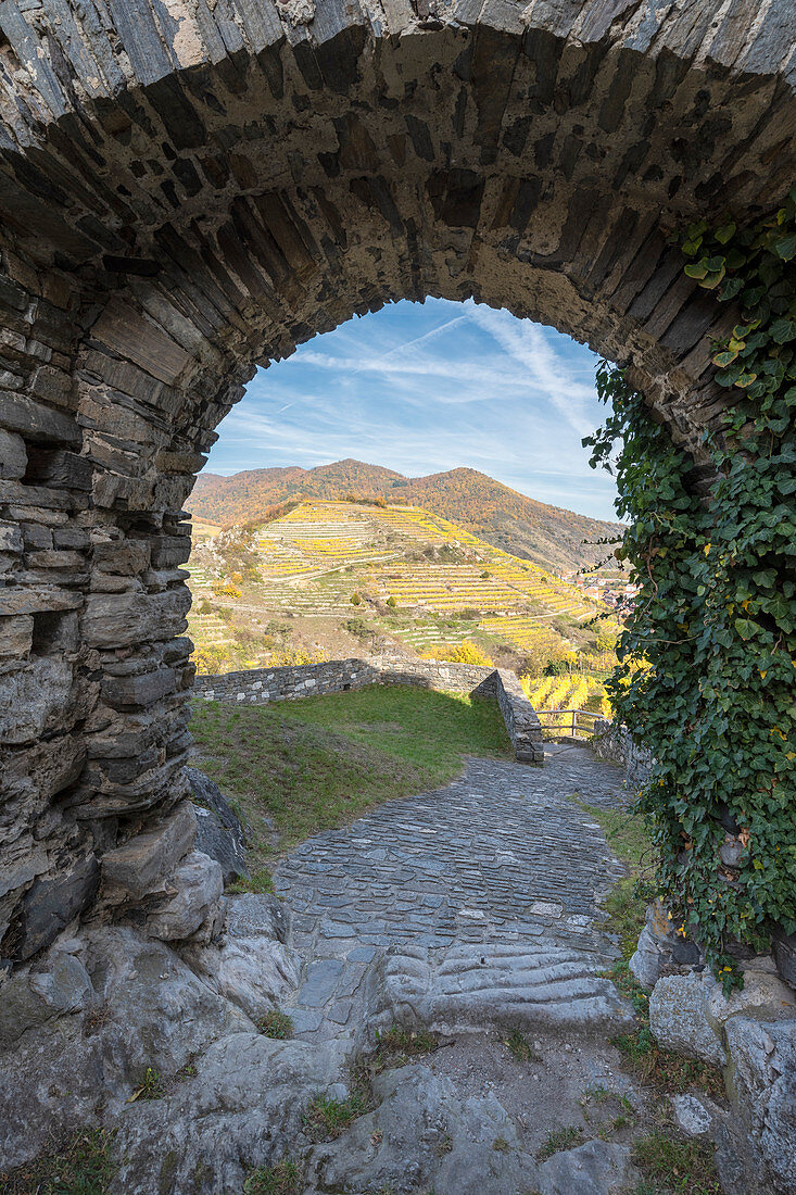 Spitz an der Donau, Wachau, Waldviertel, district of Krems, Lower Austria, Austria, Europe. The entrance gate of the ruins of Hinterhaus Castle