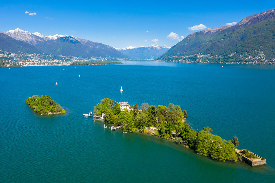 Aerial view of the Brissago Islands near Ascona, on the northern part of the Lake Maggiore. Canton Ticino, Switzerland.