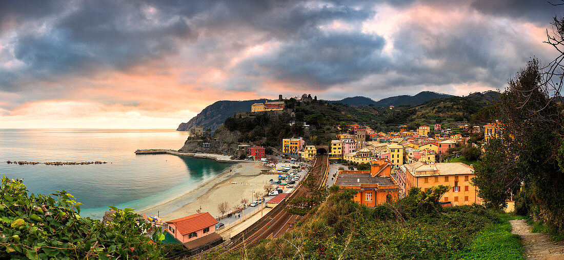 Panoramic view of the village of Monterosso at sunset. Cinque Terre, Liguria, Italy, Europe.