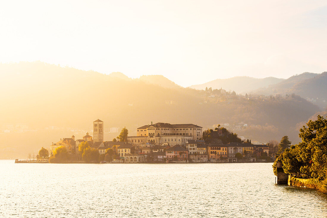 Sunset light at the San Giulio Island, Orta San Giulio, Lake d'Orta, Piedmont, Italy, Europe.