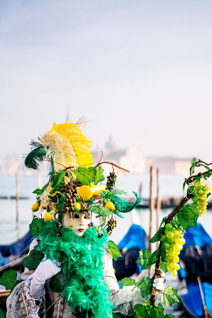 Schönes bukolisches Kostüm und Maske beim Venedig-Karneval, Marktplatz San Marco (Markusplatz), Venedig, Venetien, Italien