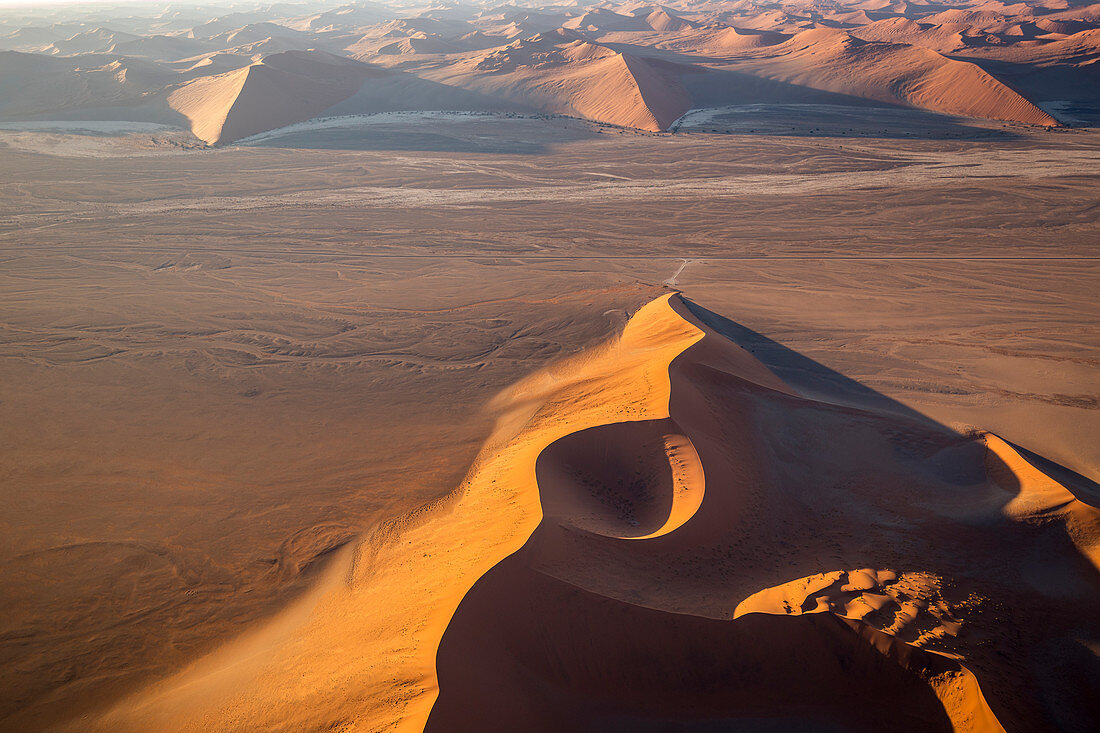 Aerial view of the Dune 45 of Sossusvlei at sunset,Namib Naukluft national park,Namibia,Africa