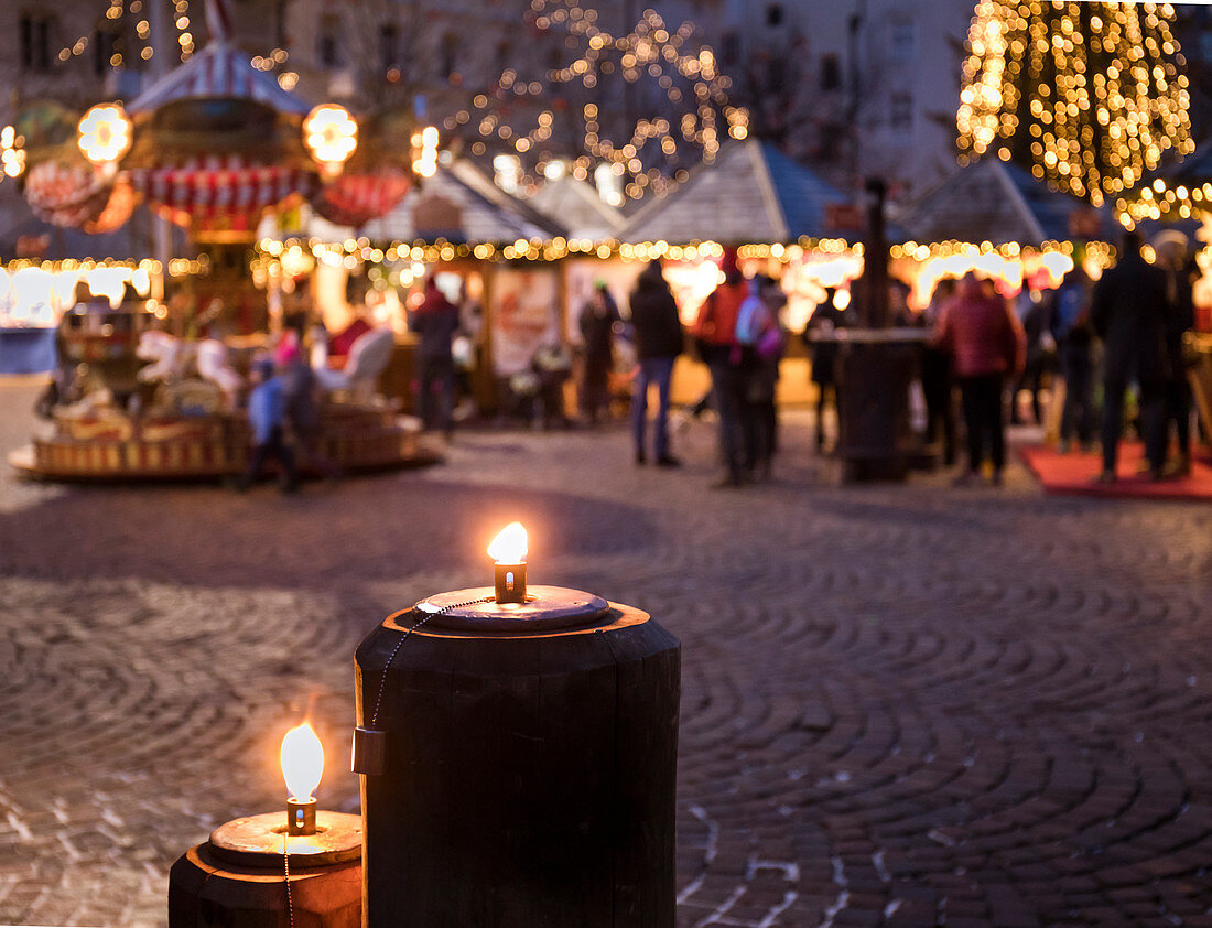 a view of the Christmas Market in Brixen into a warm sunset light, Bolzano province, South Tyrol, Trentino Alto Adige, Italy