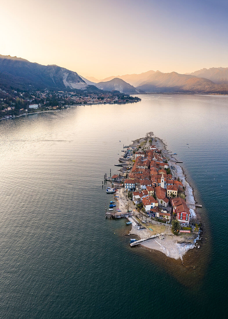 Aerial view of Isola dei Pescatori during a winter sunset. Lago Maggiore, Piedmont, Italy.