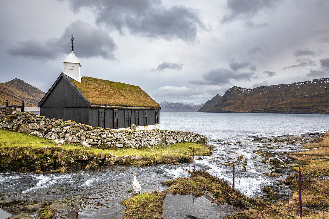 Funnings church on the village of Funningur (Eysturoy island, Faroe Islands, Denmark)