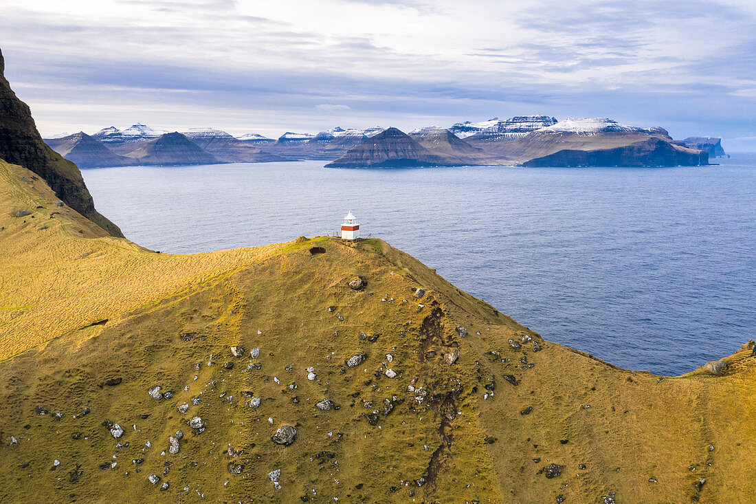 Aerial view of Kallur Lighthouse (Kalsoy island, Faroe Islands, Denmark)