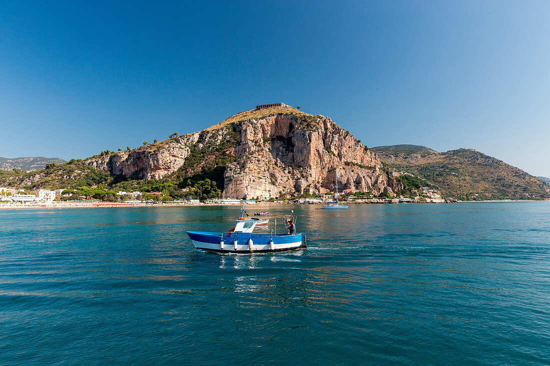 Boat in front of the temple of Jupiter Anxur Europe, Italy, Lazio, Province of Latina, Terracina