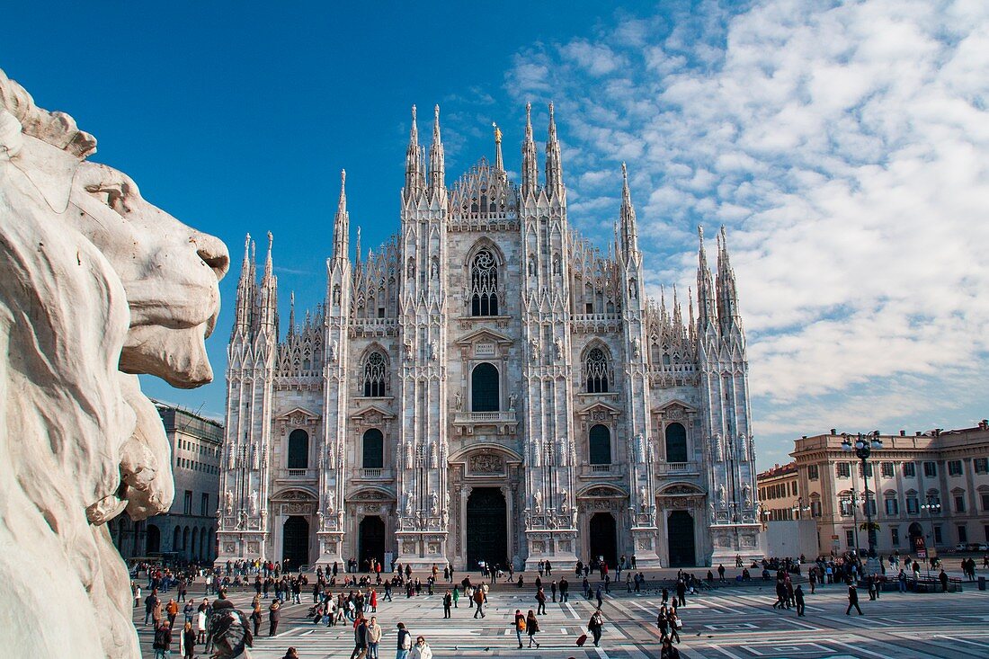 The Milan cathedral and the monuments in Duomo square. Milan, Lombardy, Italy