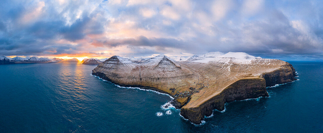 Aerial panoramic view of Eysturoy island from Gjogv (Faroe Islands, Denmark)