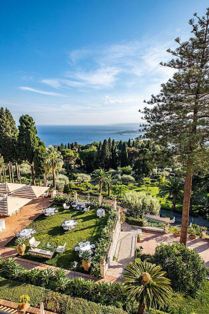 View from the Grand Hotel Timeo to the sea of Taormina, Sicily, South Italy, Italy