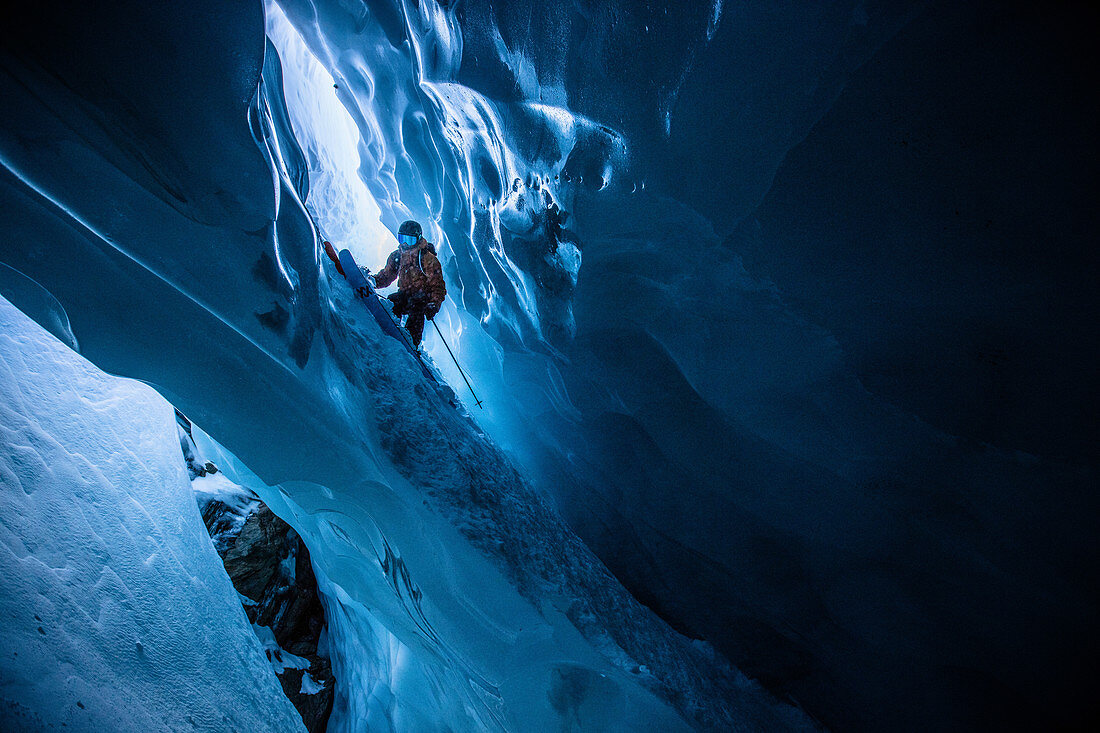 Skier rides in an ice cave, Pitztal, Austria,